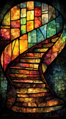 Poster - A colorful staircase with a blue and yellow step. The staircase is made of stained glass and has a unique design