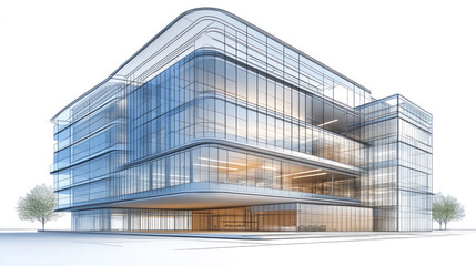 Poster - A large glass building with a lot of windows and a tree in the background. The building appears to be a modern office building with a lot of natural light coming in through the windows