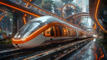 Poster - 未来都市のオレンジ色のライトに照らされた高速鉄道の鮮やかな風景 街のインフラストラクチャ