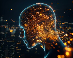 Poster - A digital rendering of a human head with glowing circuits representing innovative thought, Critical Thinking Skills