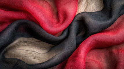 Poster - A red and black fabric with a shiny texture. The fabric is folded and has a unique pattern
