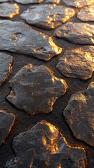 Poster - A close up of a stone path with a warm glow from the sun. The stones are rough and uneven, giving the path a natural and rustic feel. The sunlight highlights the shadows and textures of the stones