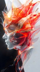 Aufkleber - 抽象的な顔の肖像画 鮮やかな赤と白の光と影が芸術的で未来的なデジタルアートデザイン