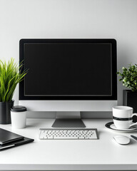 Poster - A computer monitor sits on a desk with a keyboard, mouse, and a cup of coffee. The desk is clean and organized, with a potted plant in the background. Concept of productivity and focus