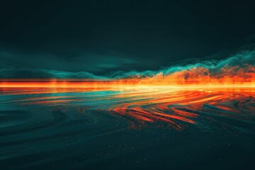 Poster - Abstract vibrant horizon with radiant light streaks on a dark teal landscape