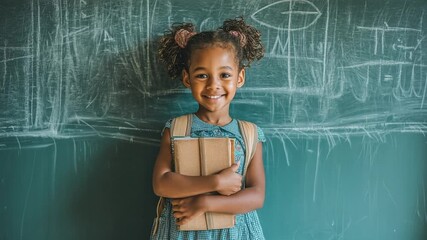 Poster - Happy Elementary School Student Girl Standing in Classroom Generative AI