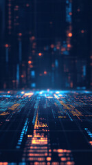 Poster - A computer generated image of a cityscape with a blue sky and orange and yellow lights. The image is a representation of a futuristic city with a lot of technology and bright lights