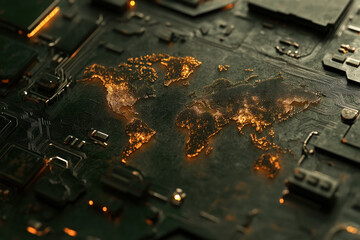 Poster - a computer chip with a glowing globe on it. the globe is orange and has a black outline