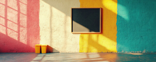 Poster - A colorful wall with a blackboard and two yellow trash cans. The wall is painted in different colors, and the blackboard is in the middle. The trash cans are placed on the ground