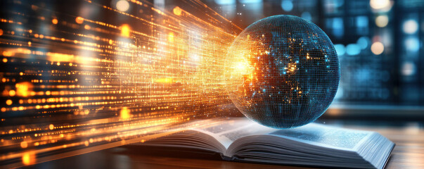 Poster - A book is open to a page with a glowing sphere on it. The sphere is surrounded by a bright orange glow, and it is floating in the air. Concept of wonder and curiosity