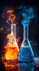 Poster - Two glass beakers, one blue and one red, are filled with liquid. The blue liquid is in the middle of the two beakers, and there is a small flame shooting out of the red beaker