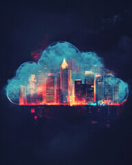 Poster - A cityscape is depicted as a cloud with a lighted city in the middle. Scene is one of wonder and awe, as the city appears to be floating in the sky