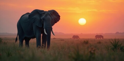 elephant standing alone in misty savannah at dawn, mist, animal