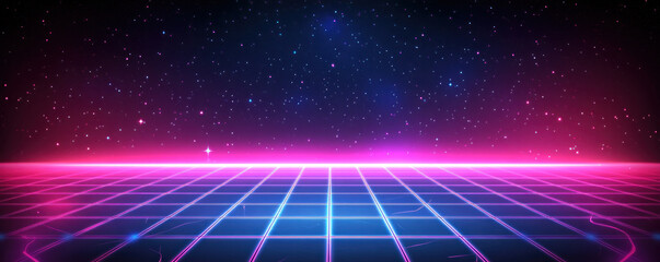 Poster - A colorful, futuristic background with a blue and pink gradient. The sky is filled with stars and the image has a futuristic, sci-fi vibe