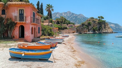 charming coastal village in sicily: colorful boats on a pebble beach