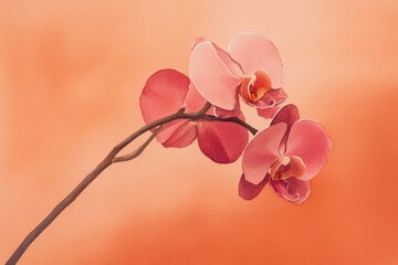 Wall Mural - two delicate pink orchids against a soft peach backdrop.