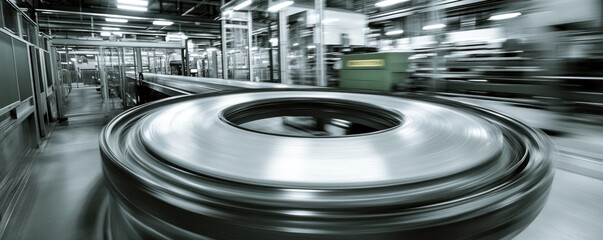 Poster - A blurry image of a factory floor with a large metal object in the center. Scene is industrial and mechanical