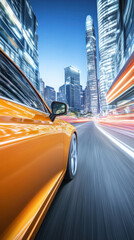 Poster - A car is driving down a city street at night. The car is orange and is the only vehicle on the road. The city is lit up with bright lights, creating a sense of excitement and energy