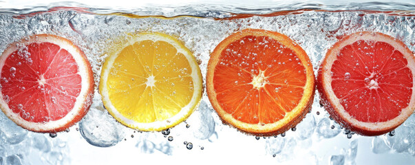 Poster - A close up of four oranges in a glass of water. The oranges are cut in half and are floating in the water. Concept of freshness and health, as the oranges are a symbol of a nutritious