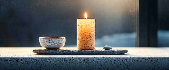 Poster - Calm and serene candlelit scene with a small bowl and stone