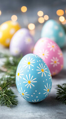 Poster - A group of painted eggs with flowers on them are sitting on a table. The eggs are of different colors and sizes, and they are arranged in a way that creates a sense of harmony and balance