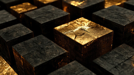 Poster - A close up of a gold and black cube pattern. The gold cubes are slightly larger than the black cubes