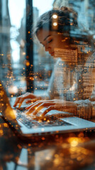 Poster - A woman is typing on a laptop in front of a window with a city view. The image is blurry and has a dreamy, almost surreal quality to it. The woman is focused on her work