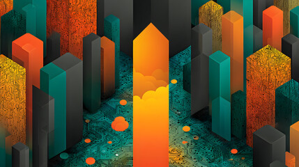 Poster - Abstract digital landscape featuring colorful geometric shapes and a central glowing structure surrounded by vibrant, tech-inspired designs