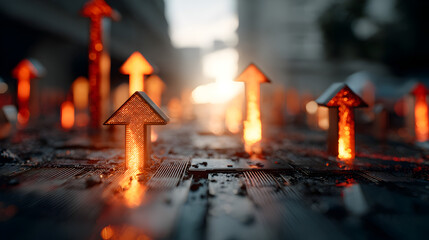 Poster - Illuminated upward arrows on a city street symbolizing growth and progress, showcasing futuristic technology and dynamic energy in urban environment