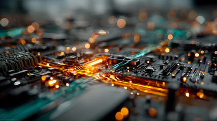 Poster - Close-up View of a Circuit Board with Glowing Components and Light Trails, Showcasing Advanced Technology and Electronic Connections in Detail