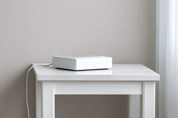 Poster - sleek diagnostic device resting on minimalist white desk surrounded by clean lines and ample copy space