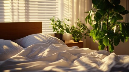 Poster - Warm morning sunlight streams through blinds illuminating rumpled white sheets on a cozy bed with potted plants on a nearby stylish nightstand.