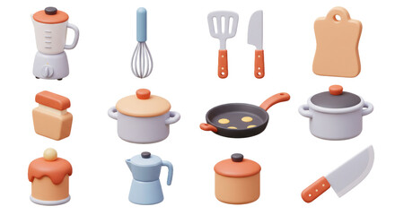 collection of 3d kitchen utensils cookware objects on transparent background