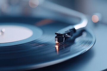 Poster - vinyl record close-up with needle resting on grooves reflected light glinting off surface