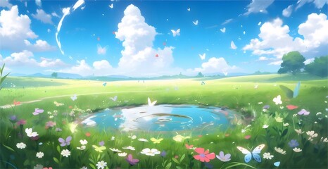 Poster - 鮮やかな青空の下の草原に咲く花々 蝶たちが舞い 水面に映る光景 穏やかな春の日の風景