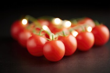 Poster - conceptual design of tomatoes arranged in heart shape surrounded by glowing light effects and wide copy space