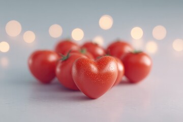 Poster - conceptual design of tomatoes arranged in heart shape surrounded by glowing light effects and wide copy space