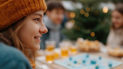 Poster - drone shot of festive gathering with table full of board games snacks and drinks surrounded by laugh