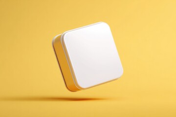 Poster - dynamic mockup of glossy square tin isolated on mustard yellow solid background with natural shadows