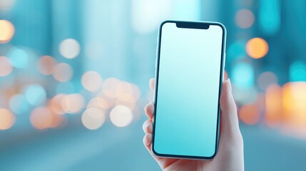 Poster - futuristic minimalist smartphone held in hand displaying large screen showcasing ample copy space in modern urban setting