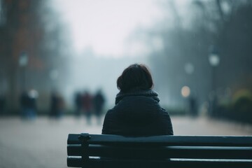 Aufkleber - lone silhouette sits thoughtfully on park bench surrounded by blurred figures in background