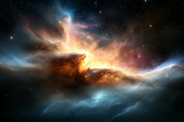 Wall Mural - colorful space scene with a large orange cloud in the middle