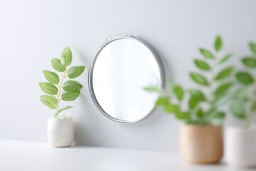 Poster - minimalistic round mirror hanging on clear white wall reflecting hint of soft natural light