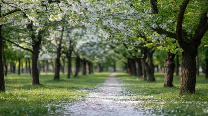 Poster - path through grove of budding cherry trees with petals falling gently to ground