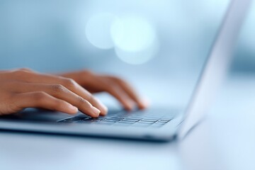 Aufkleber - person engaged in remote work seated with laptop with blurred background for focus on subject