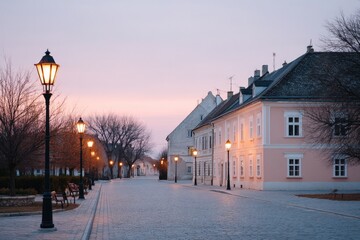 Poster - quaint european village square with minimalistic architecture surrounded by softly lit street lamps create clean image