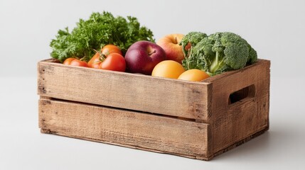 Poster - rustic wooden crate filled with assorted fresh vegetables and fruits isolated on clean white background