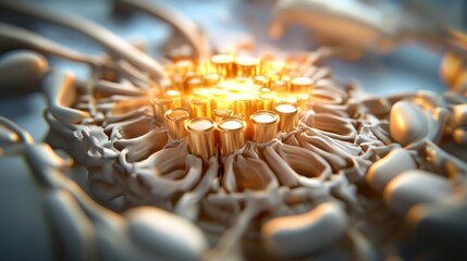 Poster - Close-up View of an Intricate Biomechanical Structure with Glowing Gold Cylinders Surrounded by Organic White Forms Creating a Dazzling Visual Effect