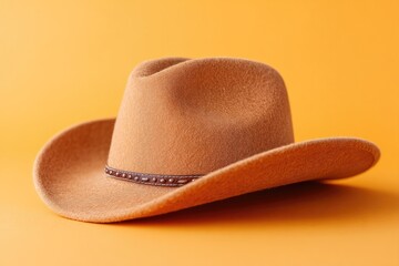 Poster - solitary cowboy hat set against bright backdrop with abundant copy space highlights minimalistic style