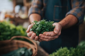 Poster - solitary farmer stands amidst blurred rustic market background hands offering handful of fresh produce